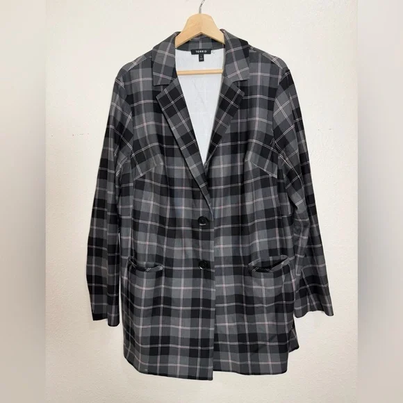 Torrid Lightweight Ponte Longline Plaid Black Gray Blazer Jacket Size 1 - Picture 4 of 7